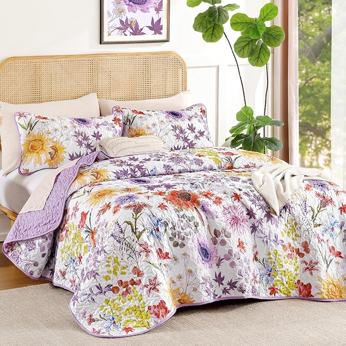 Yiran Purple Floral Quilt Set Queen Size, Sunflower Botanical Bedding Set | 3 - Image 2