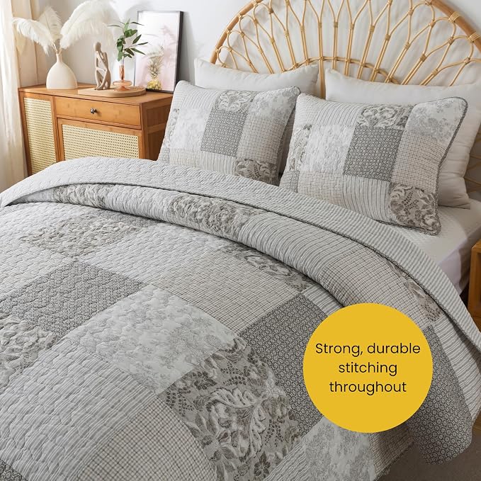 SLPR - Silver Linings Patchwork Gray Cotton Quilt Set, King - Image 4