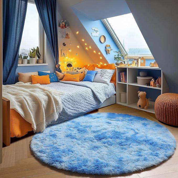 Round Rugs 5ft for Bedroom Living Room, Tie-Dye Blue Fluffy Circle Area Rug for - Image 3