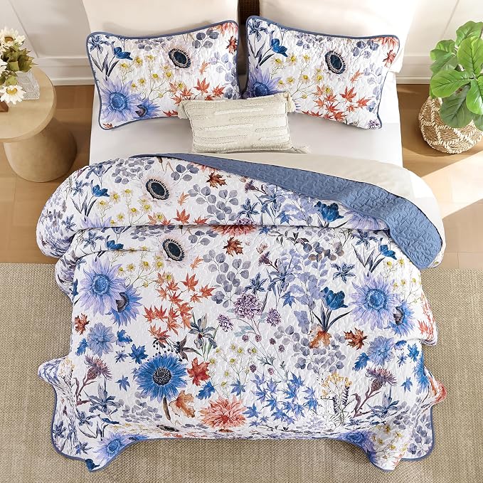 Yiran Blue Floral Quilts Queen Size, Sunflower Botanical Bedding Set | Spring - Image 4