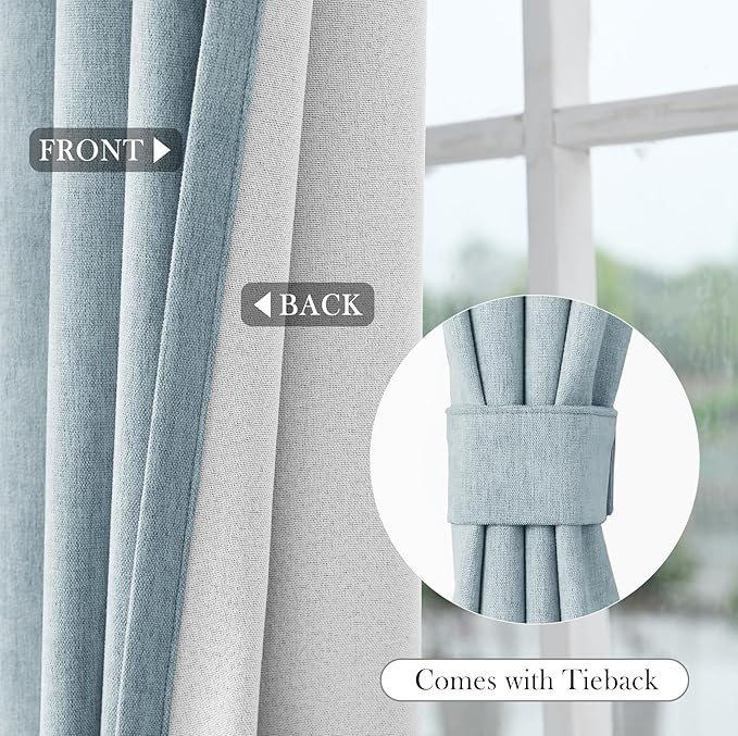Macochico 100% Blackout Chenille Curtains Thermal Insulated Noise Reducing Velvet Draperies for Living Room Bedroom Hotel Light Blue Blackout Curtains Grommet Top with Tieback 84" Wx84 L 1 Panel