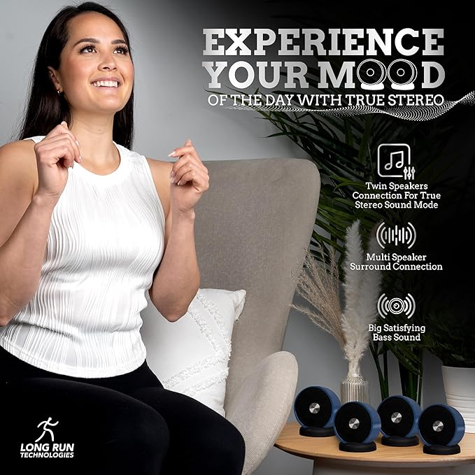 Long Run Technologies Paired Bluetooth Speakers - Surround Sound Stereo Pairing Linkable for Home TV Car