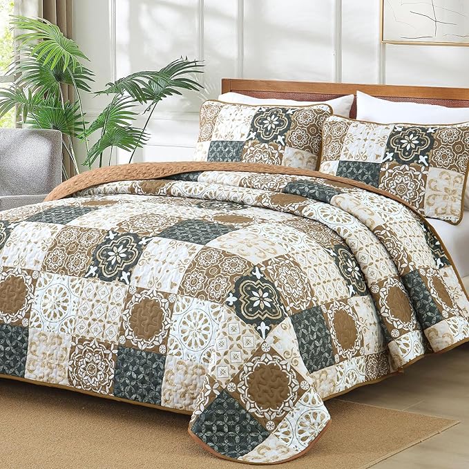 Dobuyly Patchwork Quilt Set Full Size, Boho Farmhouse Bedspread Brown | Dobuyly - Image 2