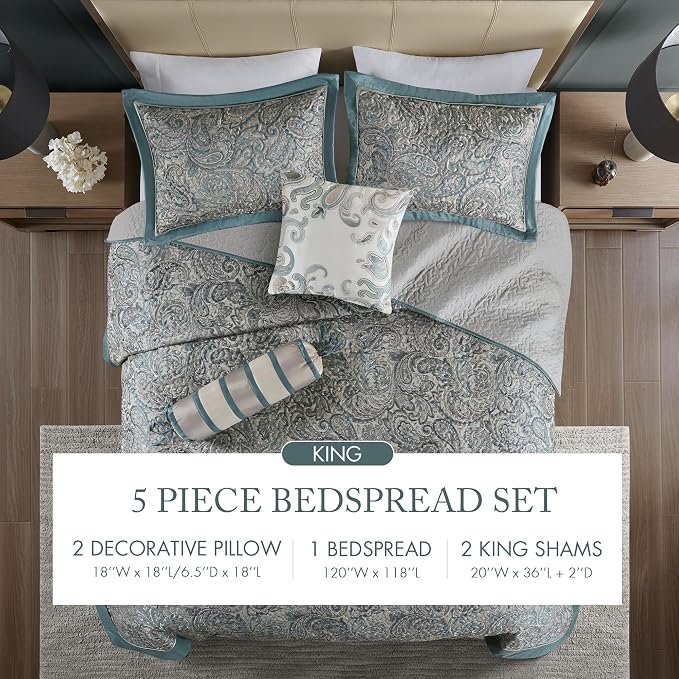 Madison Park Reversible Jacquard Quilted King Bedspread Set Teal, All-Season - Image 7