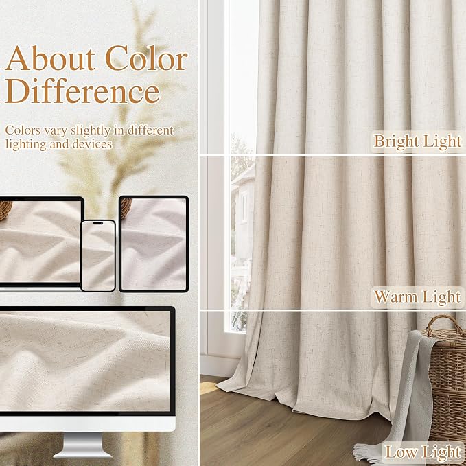 100% Blackout Linen Curtains 63 Inch Length 2 Panels Set - Image 7