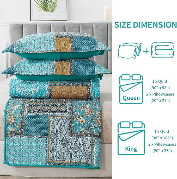 BEDIFANY Cotton Queen Size Quilt, Lightweight Bedspread Queen Size | Teal - Image 9
