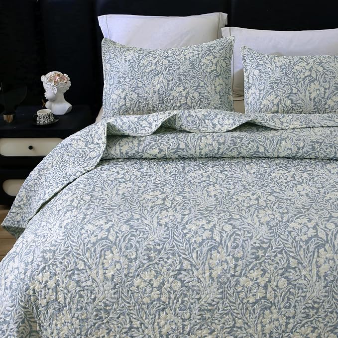 DURLENGEN Botanical Quilt Set King Size 3Pcs, Bluish Grey Printed by DURLENGEN