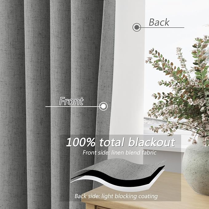 Dark Grey 100% Blackout Linen Curtains 90 Inch Length 2 Panels Set - Image 4