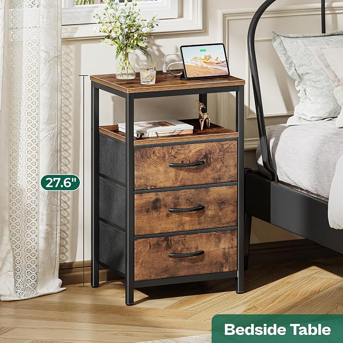 Huuger Nightstand with Charging Station, 27.6 Inch Bedside Table, Side Table | - Image 5