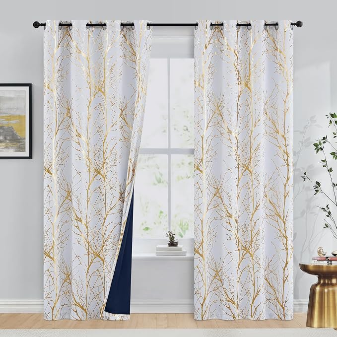 FMFUNCTEX 100% Blackout Ivory Gold Foil Tree Curtains 84 Inch 2 Panels | - Image 2