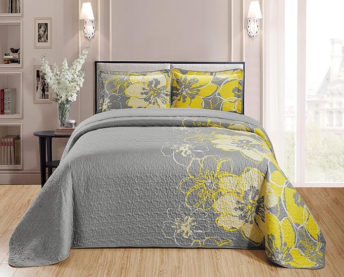 Home Collection Quilt Bedspread Set Over Size Flowers Printed Grey Yellow by Unknown