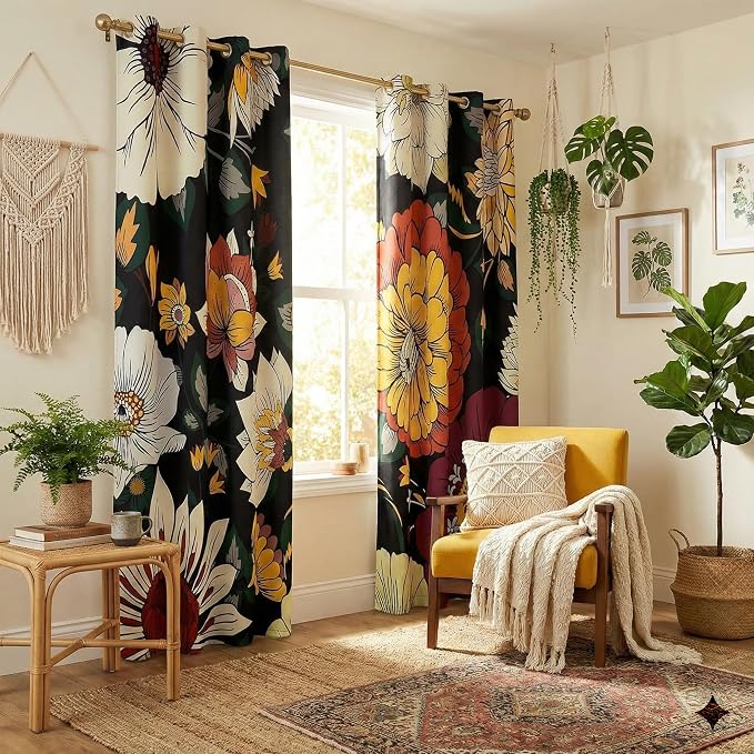 NICETOWN Black Boho Floral Curtains 100% Blackout - Image 6
