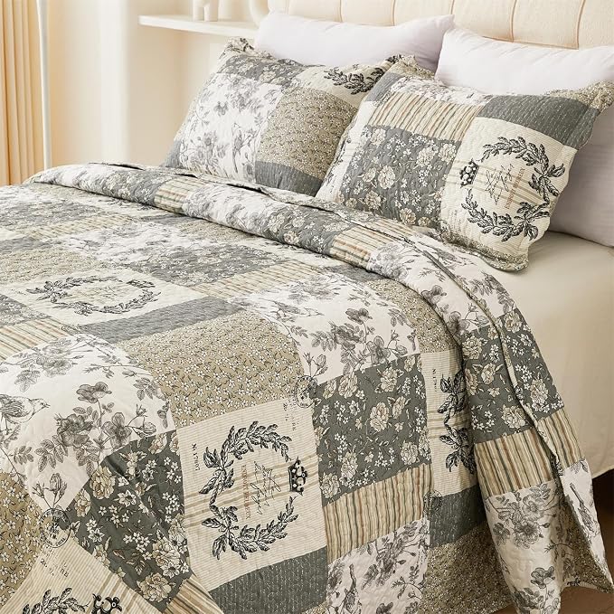 Cmfshape Floral Quilt King, 3 Piece Bird Pattern Bedspread Set, Country Quilted - Image 3
