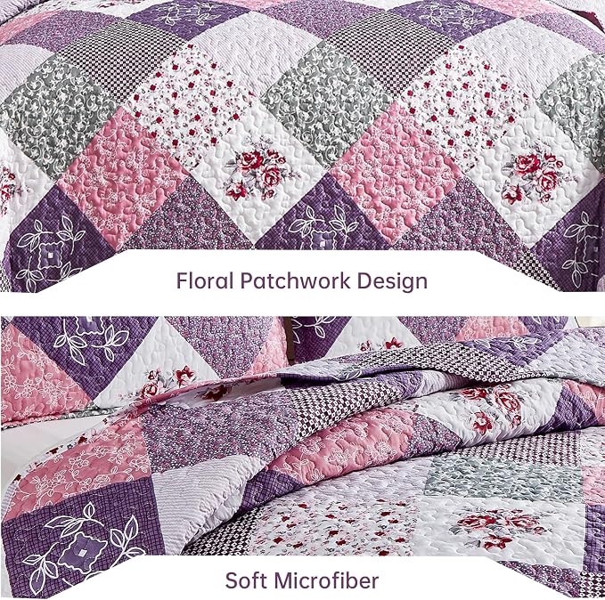 Dinjoy Purple Quilt Set Twin Size, Reversible Patchwork Floral Bedspreads | - Image 4
