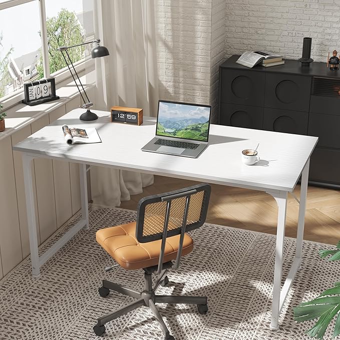 Huuger Computer Desk, 55 Inch Home Office Desk, Gaming Writing Work from Home Study Desk, Large Legroom, Sturdy Metal Frame, Modern Simple, White