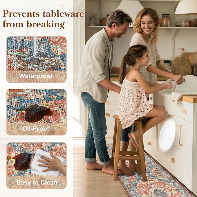 Boho Kitchen Mats for Floor 2 Piece Set Anti Fatigue Cushioned PVC Kitchen Rugs Non Slip Waterproof Farmhouse Mats 2/5 Inch Comfort Standing Mat for Sink, Laundry, 17.3"x47"+17.3"x28", Retro Red