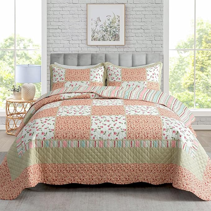 3-Piece Quilt Set Quilted Bedspread Lightweight Coverlet Set Patchwork Floral by Travan