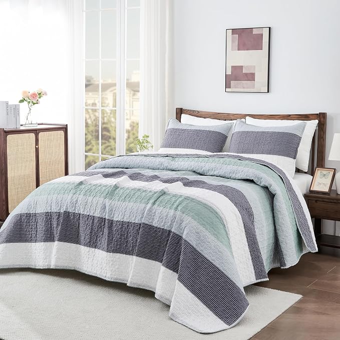 Queen Quilt Bedding Set Sage Green, 3 Pieces Striped Bedspreads | Patchwork - Image 6