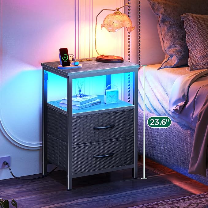 Huuger Night Stand with Charger Station and LED Lights, 2 Drawer Nightstand | - Image 4