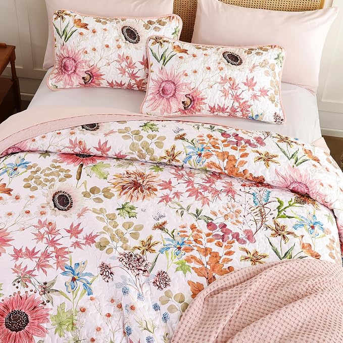 Yiran Pink Floral Quilts Queen Size, Sunflower Botanical Bedding Set | 3 Pieces - Image 3