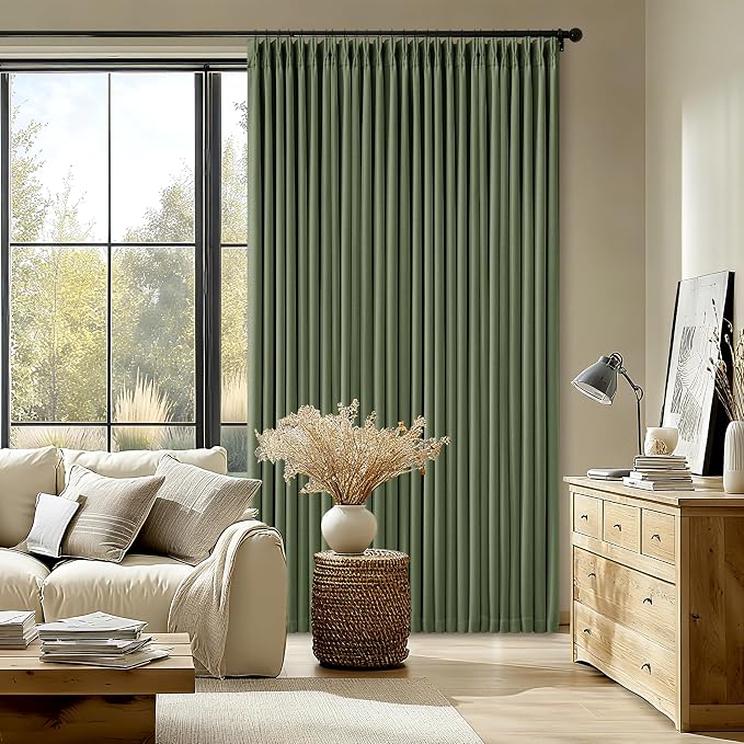 100 Inch Olive Green Linen Pinch Pleated Blackout Curtains by Twodrapes