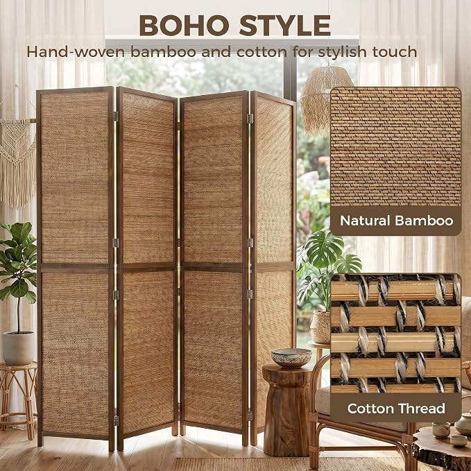 HOMCOM Room Divider, 6 FT Tall Folding Privacy Screen, 4-Panel Boho Brown | - Image 3