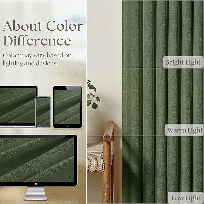 Olive Green Pinch Pleated Linen Curtains 92 Inches Long 2 Panels for Living Room Bedroom Semi Sheer Pinch Pleat Drapes with Hooks Rings Boho Farmhouse Light Filtering Window Curtain 40x92