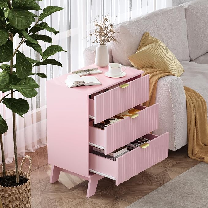 Pink Night Stand with 3 Drawers, Bedside Table & End Table, Farmhouse Night - Image 3