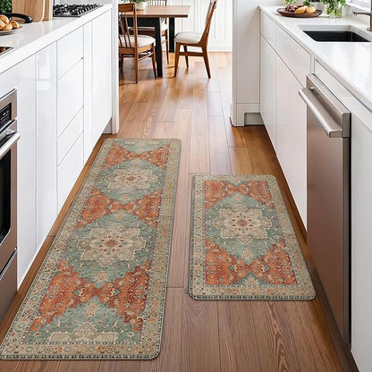 GENIMO Kitchen Mats for Floor 2PCs, Washable Anti Fatigue Mat for Cushioned, 17.3"x59"+17.3"x30", Waterproof Kitchen Rugs, Non Slip Comfort Standing Mat Rug for Home, Sink, Laundry, Multi
