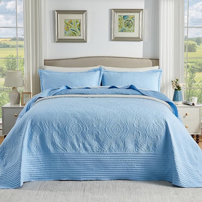 Light Blue Alaska King Quilt 132 x 120, Oversized King Bedspreads, 3 Piece Soft - Image 2