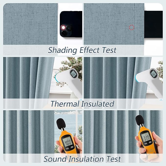 Blue 100% Blackout Linen Curtains 96 Inch Length 2 Panels Set - Image 4