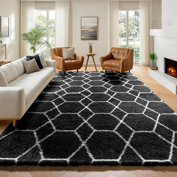 6x9 Area Rugs for Living Room Bedroom, Large Fluffy Black and White Throw Rug by ONASAR