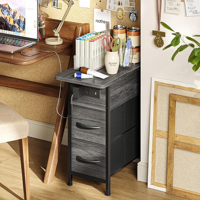 Huuger Narrow End Table with Charging Station, Side Table with 2 Drawers | Slim - Image 8