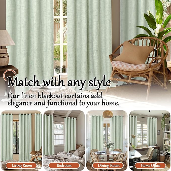 Sage Green Blackout Curtains for Bedroom - Linen Curtains 54 Inch Length Thermal Insulated Privacy Burlap Boho Window Drapes for Basement Scandi Farmhouse Nursery, 2 Panels, Each 52" Wide