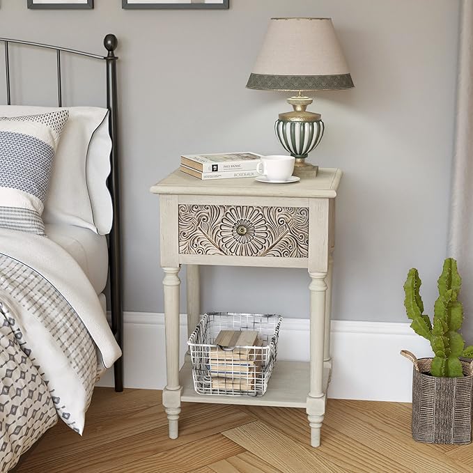COSIEST Vintage Nightstand, MDF 2-Tier Bedside Table, Wood Accent End Table with Storage Drawer and Open Display Shelf for Bedroom Living Room