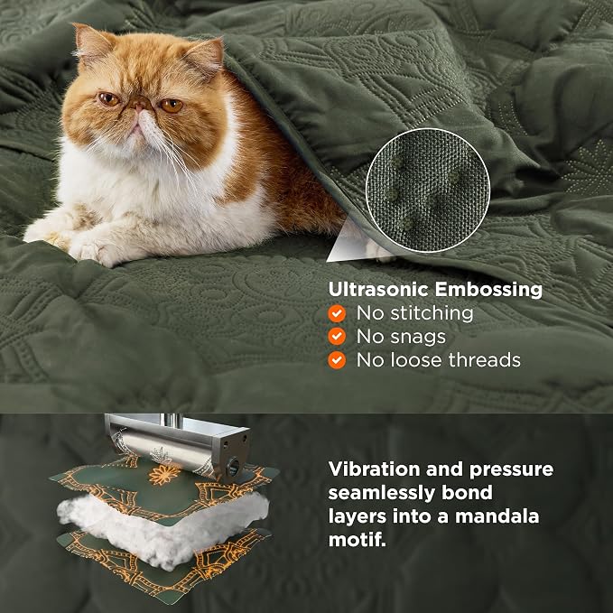 Bedsure King Size Quilt Bedspread, Thin Comforter, Olive Green Coverlet | - Image 3