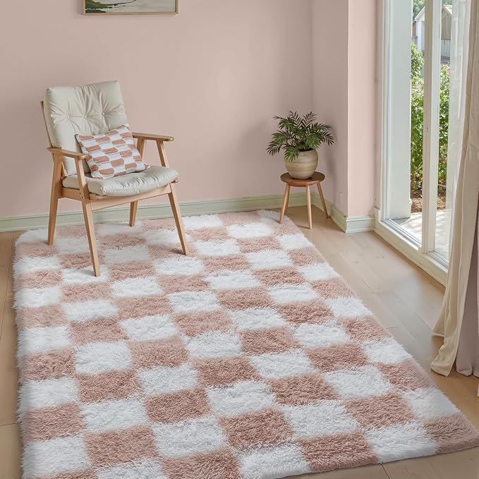 Pink Area Rug 4x6 for Kids Room Soft Fluffy Checkered Shag Carpet | Machine - Image 3