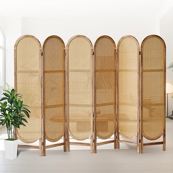 6 Panel Rattan Room Divider, Folding Room Divider Screen, Natural | Pine Frame by AsNefeli