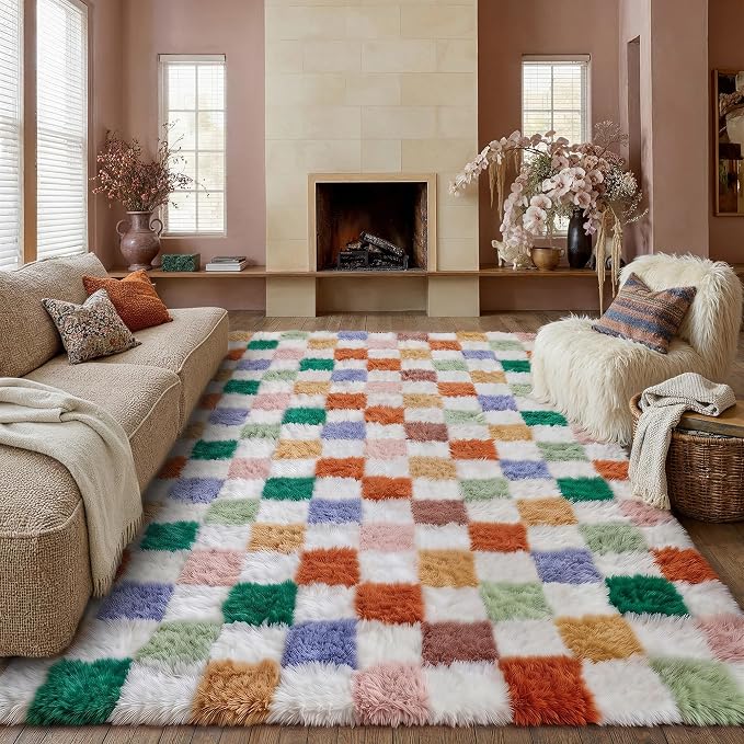 Colorful Area Rug 9x12 for Living Room Soft Checkered Shag Carpet | Machine by PureCozy