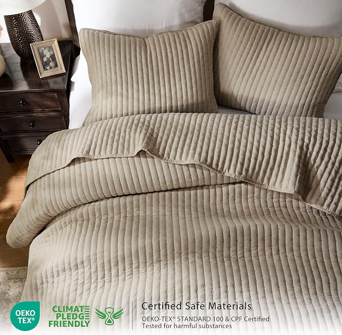 WDCOZY Dark Beige Cross Stitch Queen Size Quilt Set, Striped Lightweight Soft - Image 2