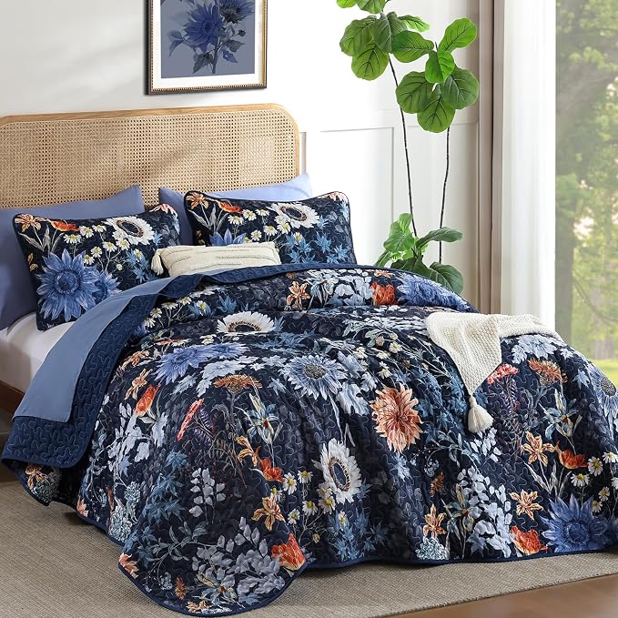 Yiran Navy Blue Sunflower Floral Quilt Set Queen Size | Botanical Bedspread - Image 2