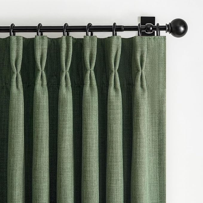 Olive Green Pinch Pleated Dual Layer Linen Curtains 40 x 84 Inches Long by PleatedDrapes