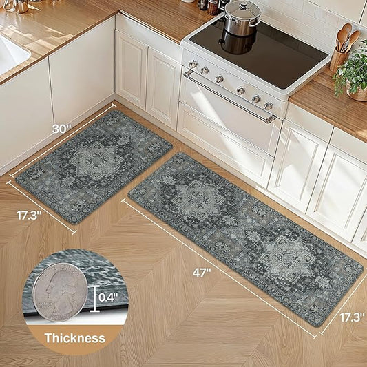 GENIMO Kitchen Mats for Floor 2PCs, Washable Anti Fatigue Mat for Cushioned, 17.3"x47"+17.3"x30", Waterproof Kitchen Rugs, Non Slip Comfort Standing Mat Rug for Home, Sink, Laundry, Dark Gray