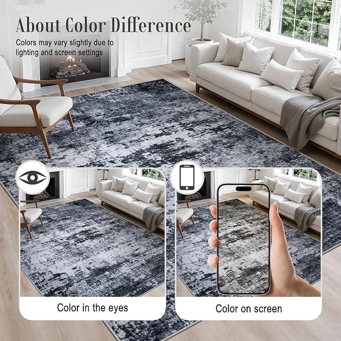 6x9 Area Rug Living Room: Modern Washable Indoor Carpet Black | - Image 8