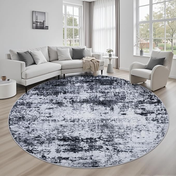 Round Area Rug Living Room: 6 ft Modern Washable Carpet Black | by FXRHLP