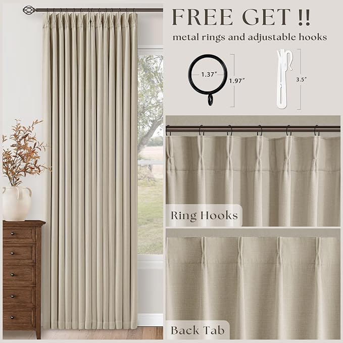 Oatmeal Pinch Pleated 100% Blackout Linen Curtains 80 Inch Length 2 Panels | - Image 4