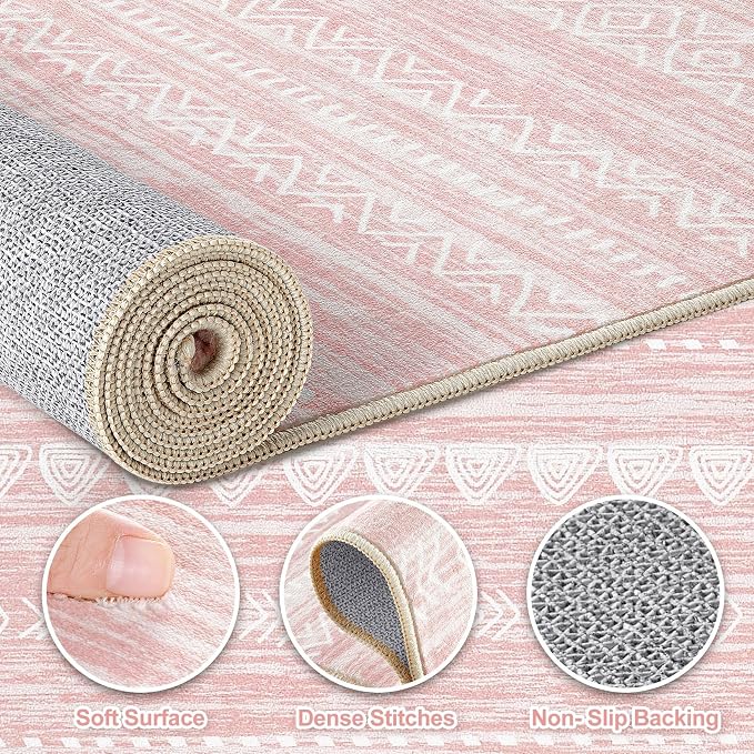 Nakagishi Boho 5x7 Pink Area Rug Living Room Rugs Machine Washable | Soft - Image 3