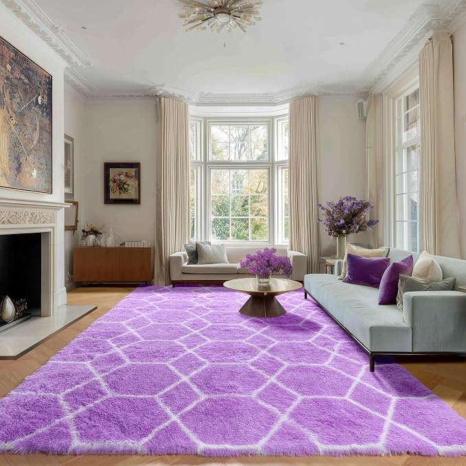 5x7 Area Rugs for Living Room Bedroom, Fluffy Purple and White Throw Rug - Image 5