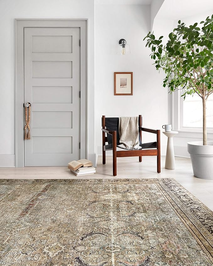 Loloi Layla Collection LAY-03 Olive/Charcoal 2'-6" x 9'-6" .13" Thick Runner Rug, Soft, Durable, Vintage Inspired, Distressed, Low Pile, Non-Shedding, Easy Clean, Printed, Living Room Rug