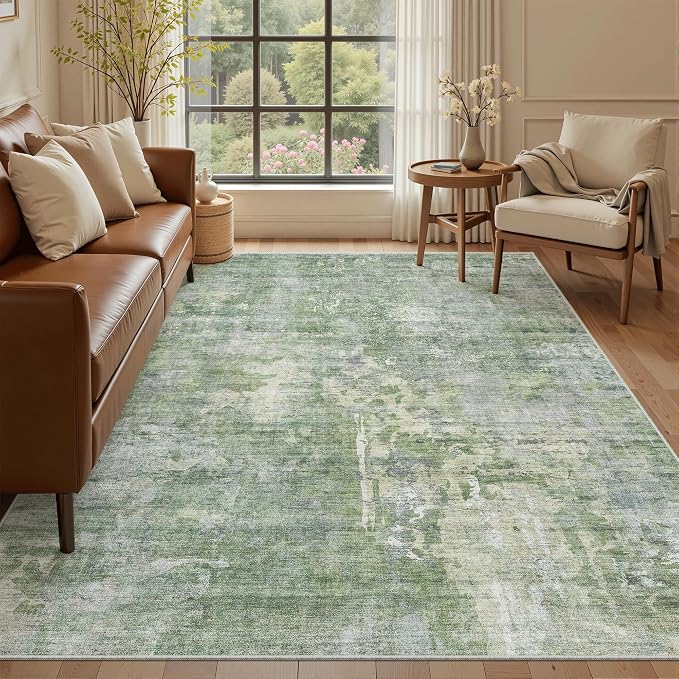 Soalmost Abstract 7x9 Area Rug for Living Room Washable Rugs Green/Ivory | - Image 2